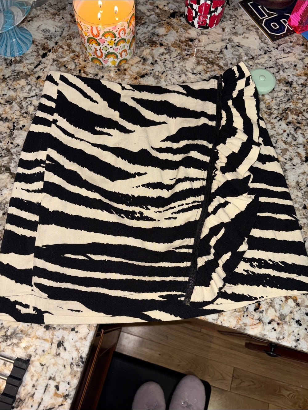 Free People Women’s Black and Cream Zebra Print Ruffle Mini Skirt size 2